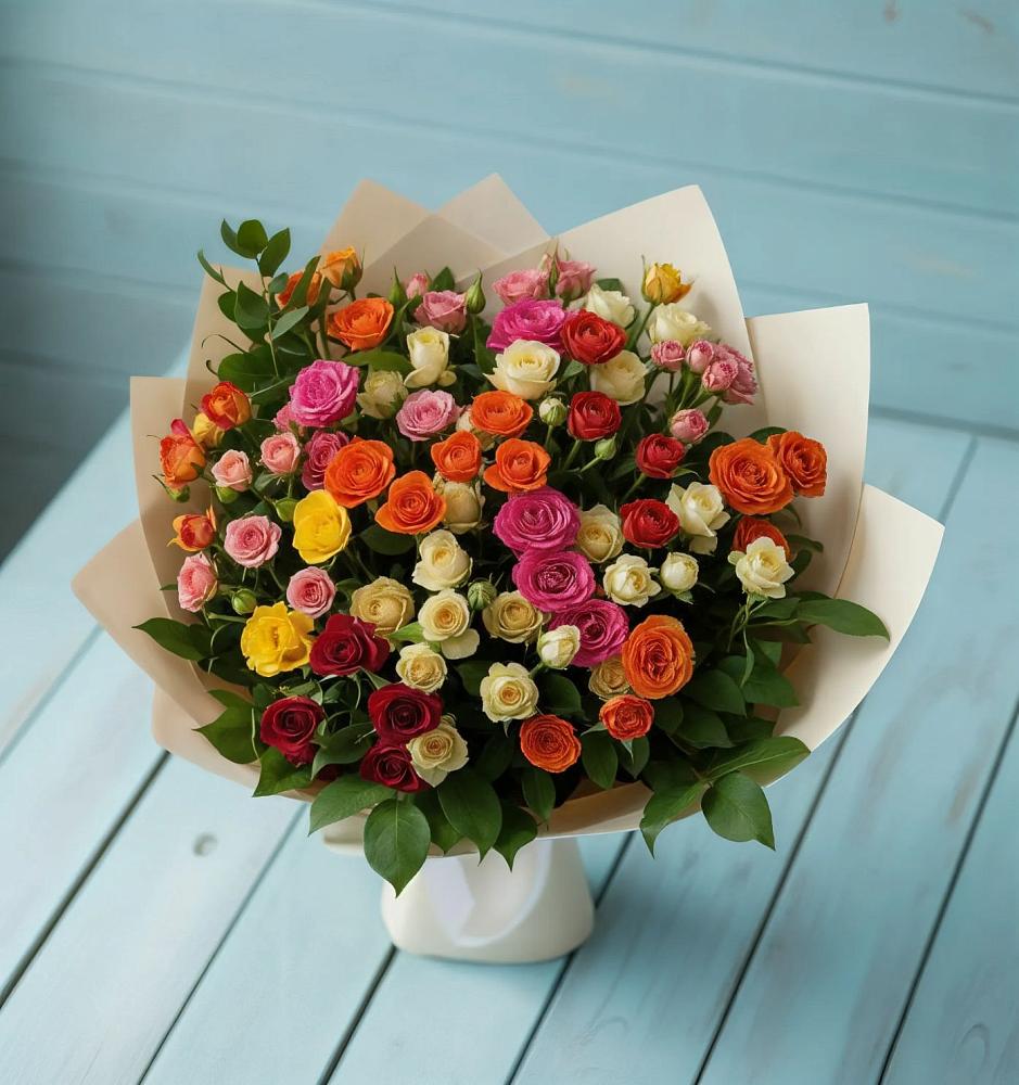 Букет Микс из разноцветных кустовых роз в Коммунаре