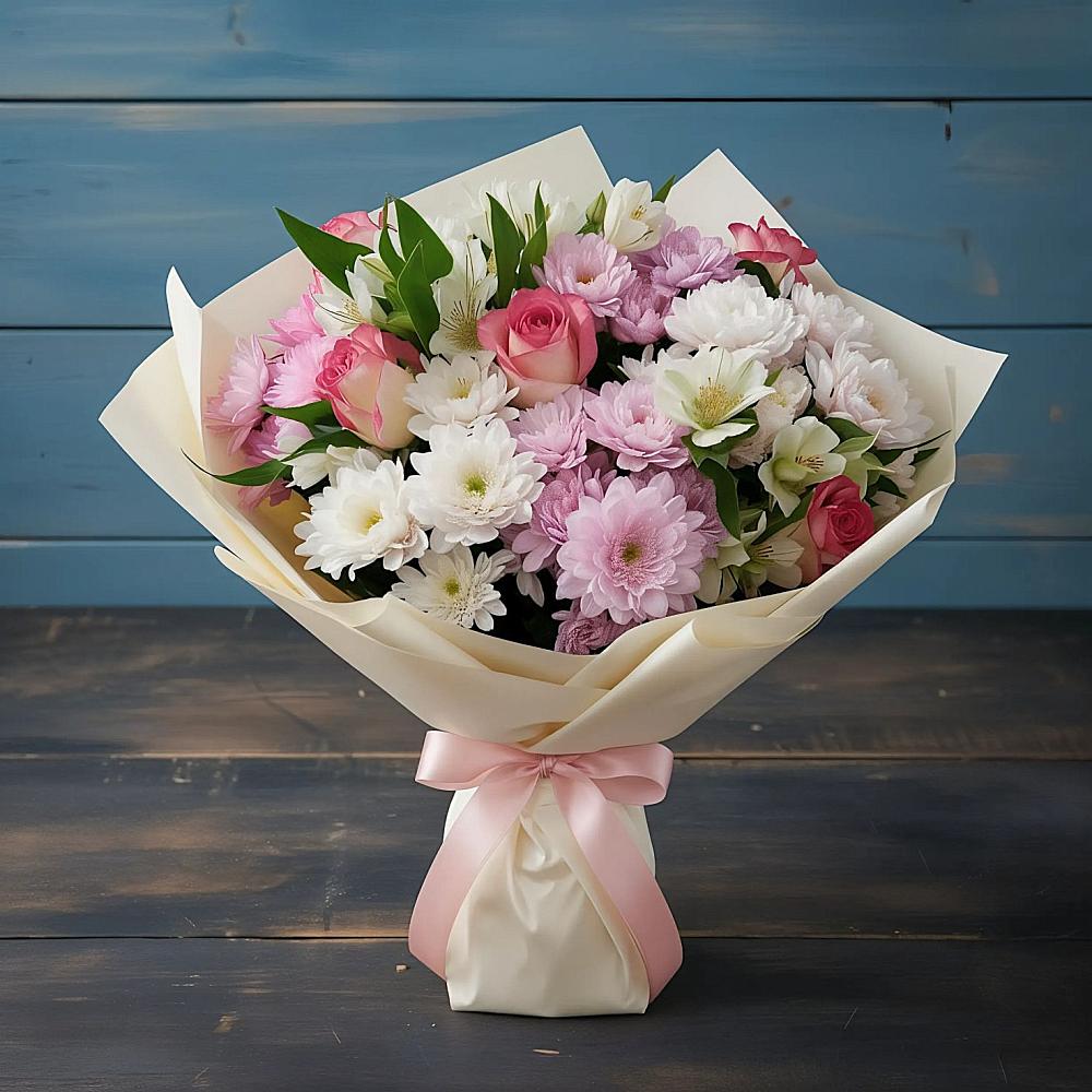 Букет цветов из: Хризантемы, Альстромерии и Розы в Коммунаре